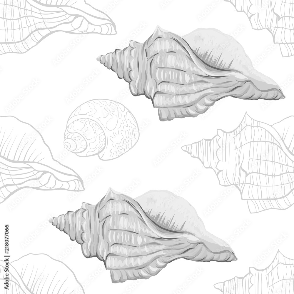 Sea world seamless pattern, background with fish, corals and shells on white background. Stock vector illustration. In monochrome gray colors Sea world seamless pattern, background with fish, corals and shells on white background. Stock vector illustration. In monochrome gray colors