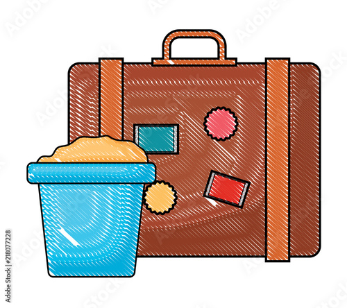 travel suitcase and bucket with sand over white background, vector illustration