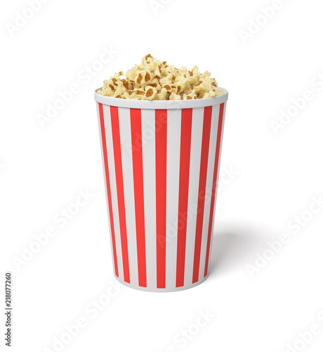 3d rendering of a single small popcorn bucket in red and white stripes with popcorn reaching to the top.