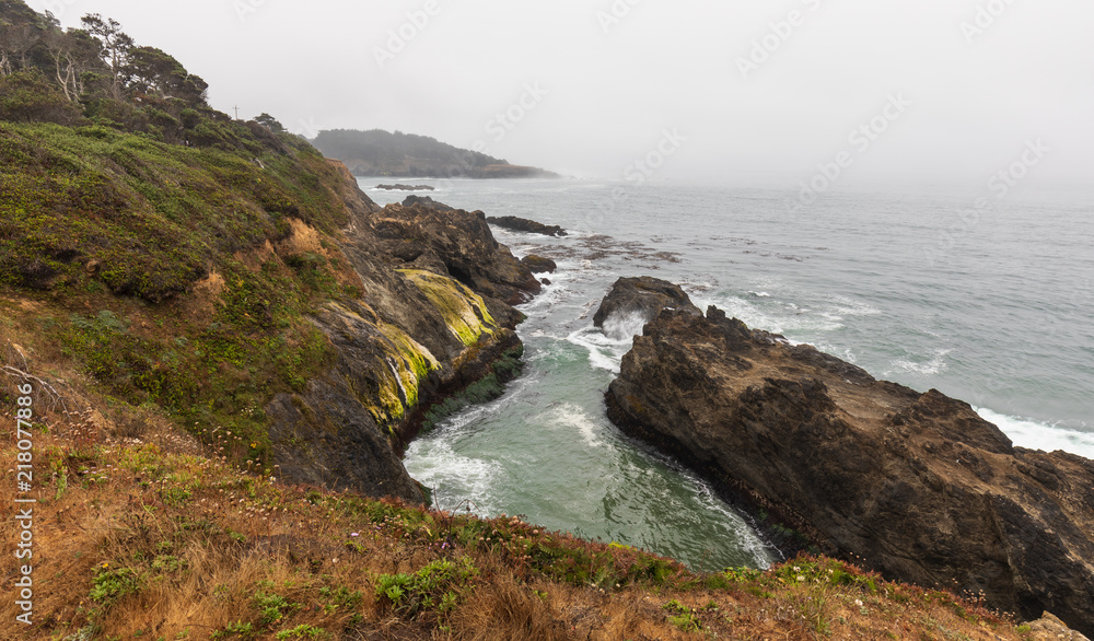Mendoncino coast inlet with water and waves on foggy morning