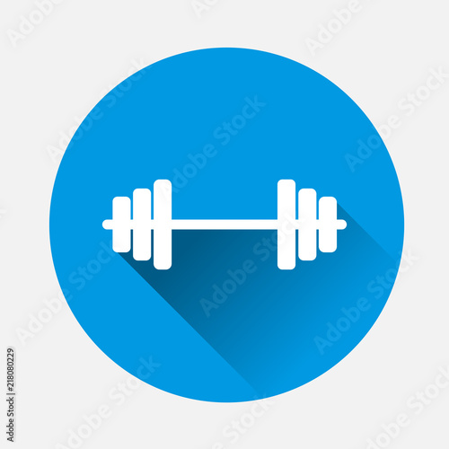 Vector image dumbbells on blue background. Flat image dumbbells icon with long shadow. Layers grouped for easy editing illustration. For your design.
