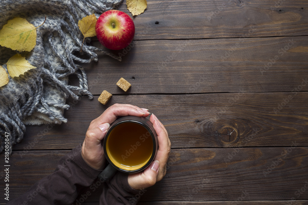 Concept of autumn cozy. Warm blanket with yellow leaves, Apple on dark wooden background. Mug with hot tea in hand.