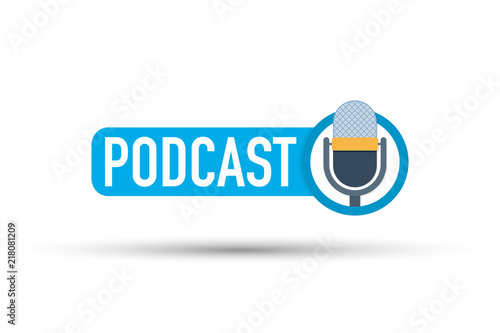 Blue podcast label on white background.  Vector illustration.