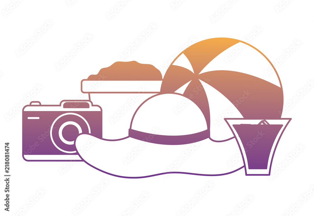 beach hat with photographic camera and cocktail over white background, vector illustration beach hat with photographic camera and cocktail over white background, vector illustration