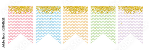 Flag Banner Set. Vector Graphic.Party Decoration.Do It Yourself. Various Colors. Cute Design.Golden Confetti,White Chevron on a Pink,Blue,Green, Violet and Yellow Backgrounds. Party Garland Elements.