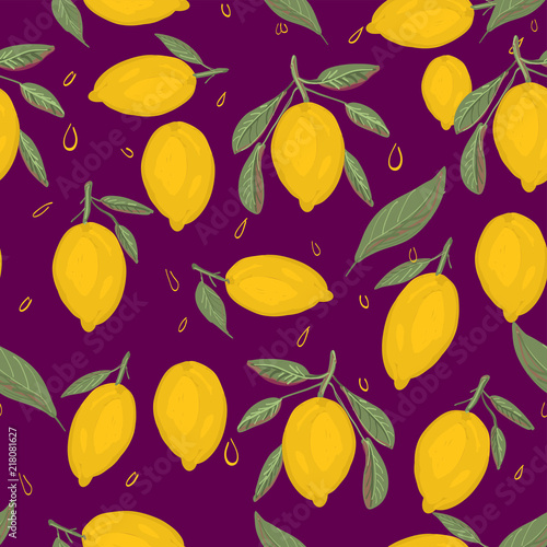 Fresh lemons background. Hand drawn overlapping backdrop. Colorful wallpaper vector. Seamless pattern with citrus fruits collection. Decorative illustration, good for printing