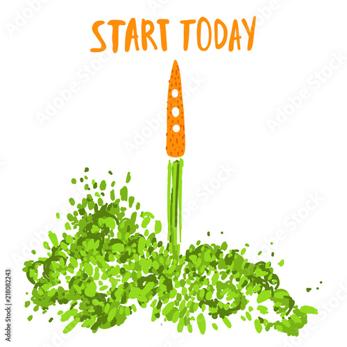 Illustration of the concept of a healthy lifestyle. Carrots with a halms, taking off like a rocket with lettering about Start today. Starting new healthy life concept.