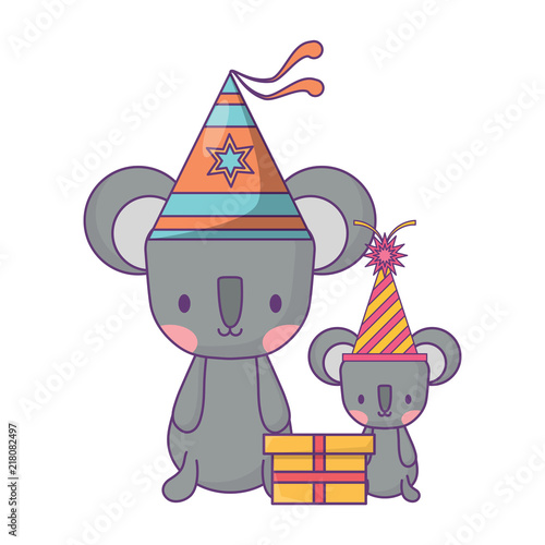 happy birthday design with cute koalas with party hats over white background, vector illustration photo