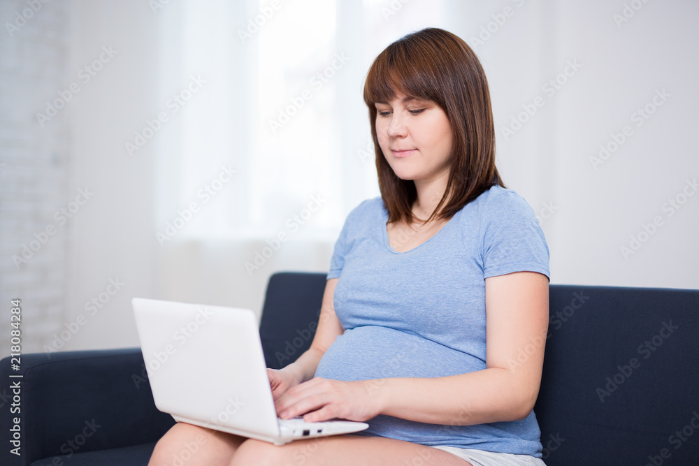 pregnancy concept - pregnant woman using laptop in living room pregnancy concept - pregnant woman using laptop in living room
