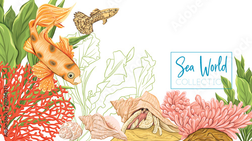 Sea card with gold fish  corals and shells. Good for greeting card  invitation. Template with place for text. Stock  vector  illustration.