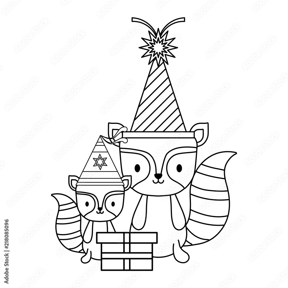 happy birthday design with cute raccoons with party hats over white background, vector illustration happy birthday design with cute raccoons with party hats over white background, vector illustration