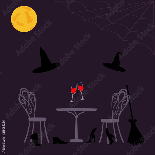 Halloween scene with broom in moonlit night