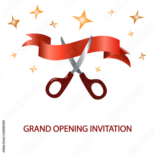 Red banner Grand opening with scissors and stars