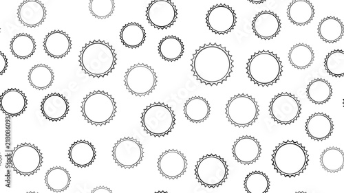 Texture seamless pattern of black round abstract carved metal beer caps with sharp edges for clogging beer bottles used in brewing gears on a white background. Vector illustration