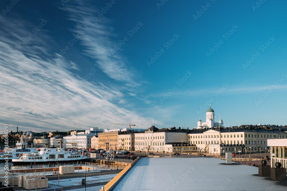 Helsinki, Finland. View Of Street With Presidential Palace And Helsinki Cathedral