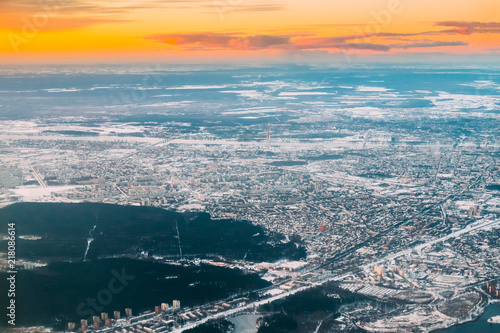 Riga  Latvia. Aerial View Of Sunrise Above City. View From High 