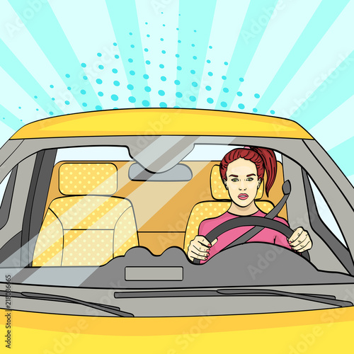 pop art background, sunlight blue. The woman at the wheel, the car. Vector