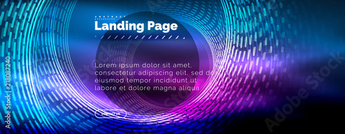 Neon glowing techno lines, hi-tech futuristic abstract background template with circles, landing page template photo