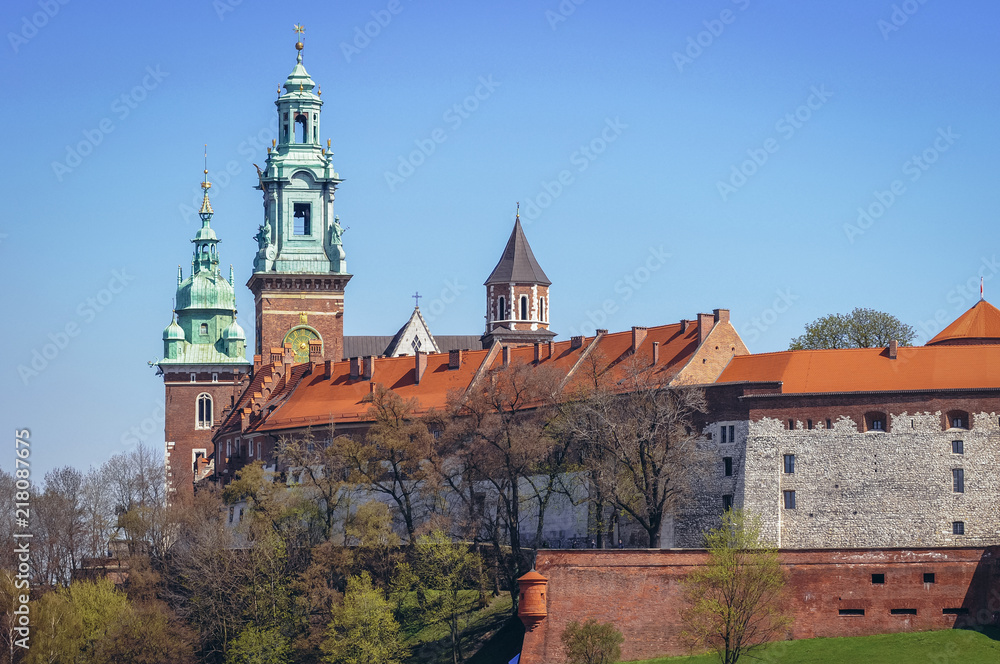 Towers of Royal Archcathedral Basilica of Saints Stanislaus and Wenceslaus on the Wawel Hill in Cracow city, Poland