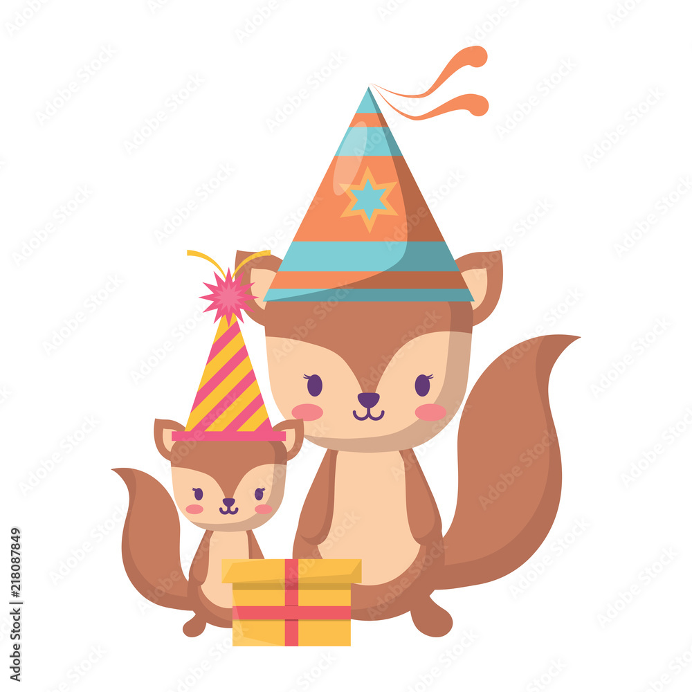 Obraz premium happy birthday design with cute squirrels with party hats over white background, vector illustration