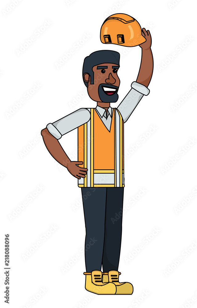 cartoon construction worker with safety vest and helmet over white background, vector illustration