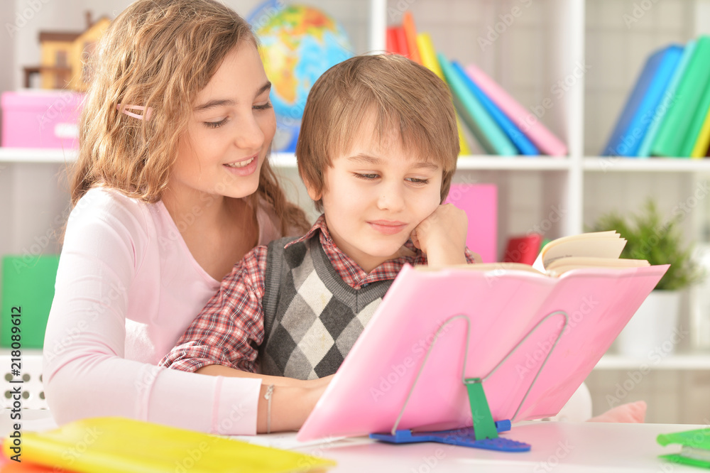 Portrait of a sister helping her brother with homework