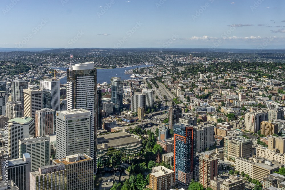 Aerial view or overlook of downtown Seattle, Capitol Hill and Lake Union in the distance, Washington state, USA.
