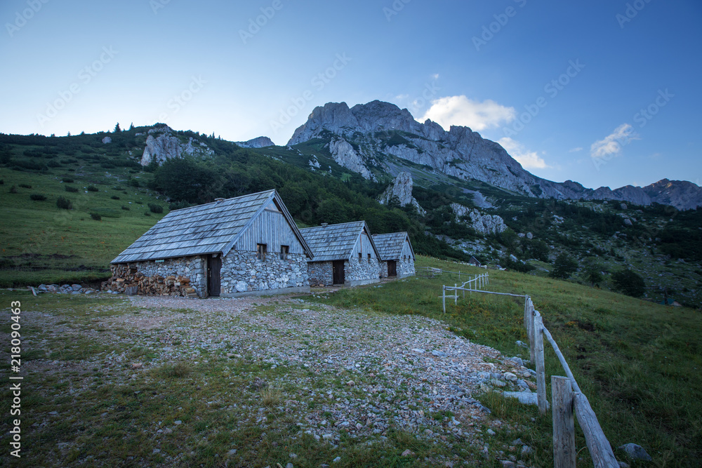 Three cabin under mountain Maglic, highest peak in Bosnia and Herzegovina