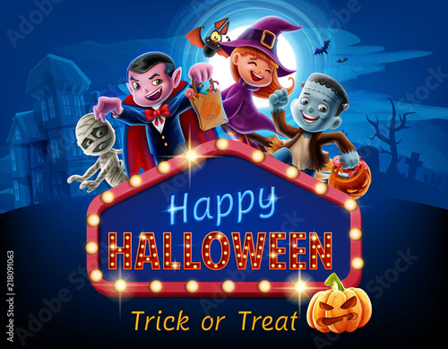 happy halloween cartoon illustration with movie billboard
