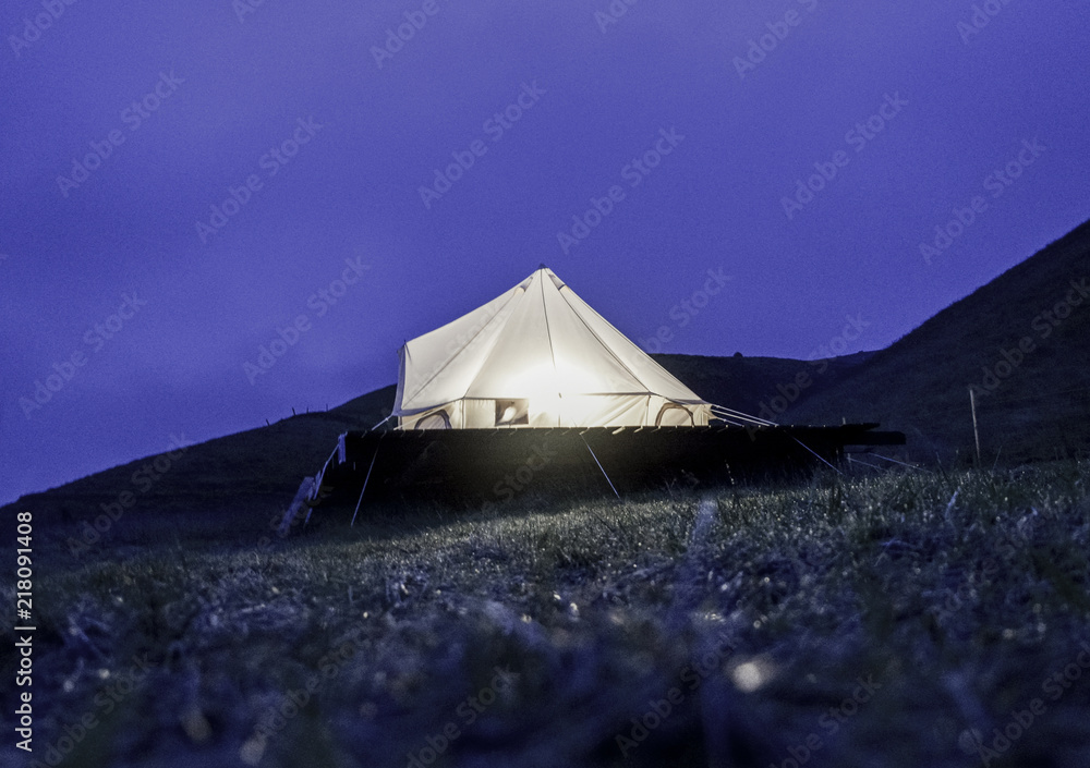Night shot of a glamping tent