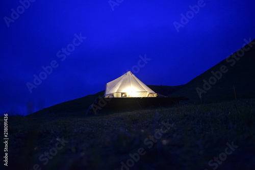 Night shot of a glamping tent