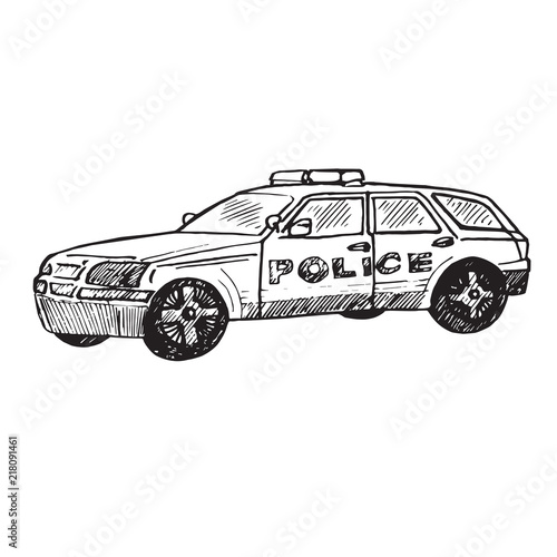 Police car, hand drawn doodle sketch, isolated vector outline illustration