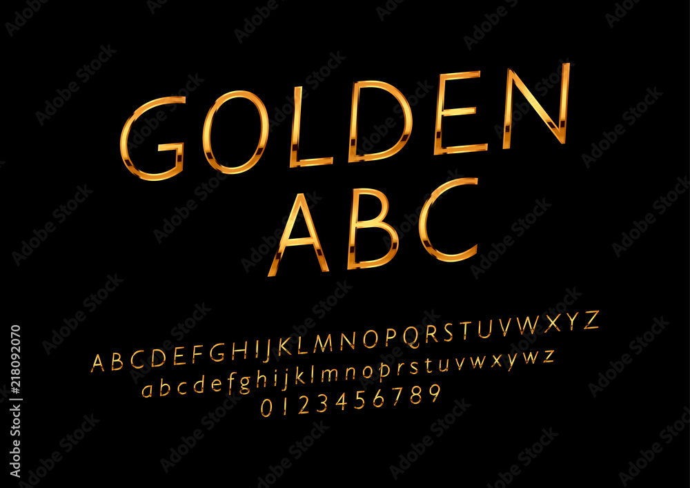 Fototapeta Vector glossy sign Golden ABC. Chic Golden rotated Alphabet Letters, Numbers and Symbols.