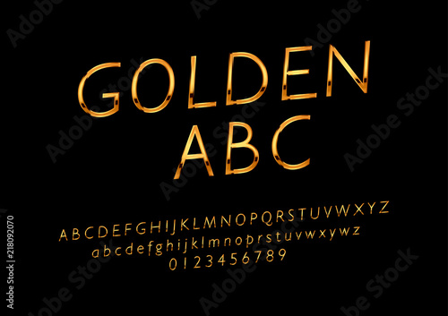 Vector glossy sign Golden ABC. Chic Golden rotated Alphabet Letters, Numbers and Symbols.