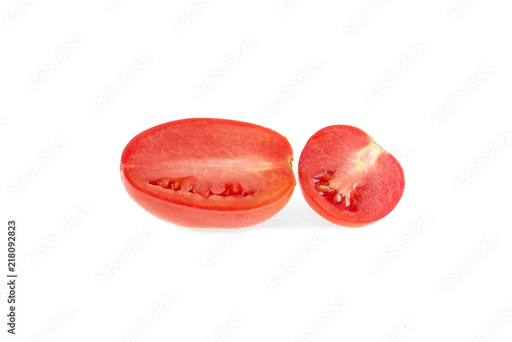 red ripe tomato cut in half cutout on white background red ripe tomato cut in half cutout on white background
