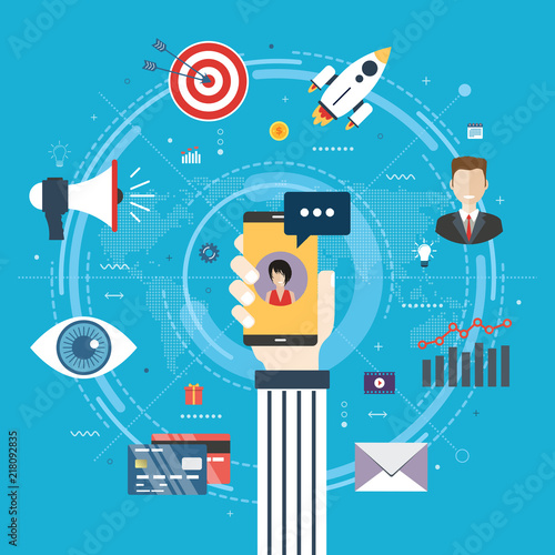 Messenger marketing, mobile advertising and communication in startup business. Hand holding smartphone with speech bubble, credit card, chat bot and target icons. Flat design vector illustration.