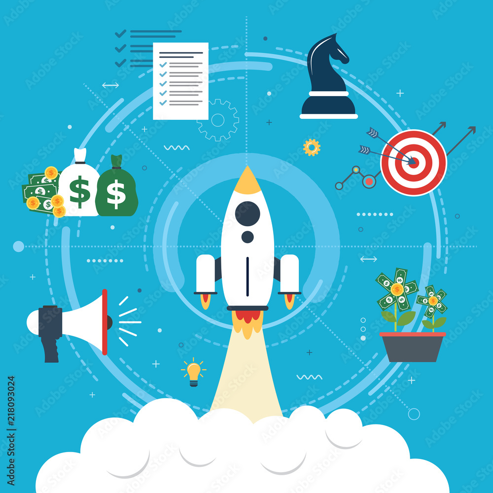 Rocket flying with icons of strategy, marketing, money and investment. Concept of business successful, growth strategy and investment in startup. Flat design web banners in vector illustration. Rocket flying with icons of strategy, marketing, money and investment. Concept of business successful, growth strategy and investment in startup. Flat design web banners in vector illustration.