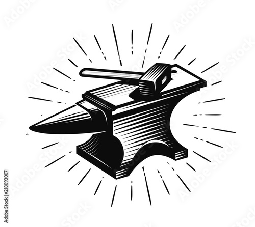 Forge, blacksmith. Anvil and hammer, vector illustration