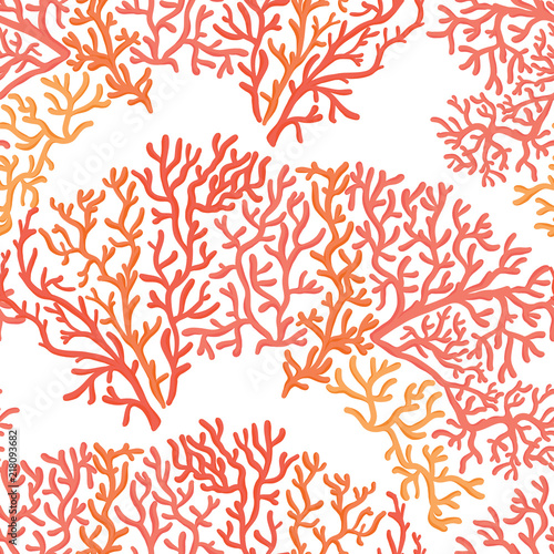 Sea world seamless pattern, background with fish, corals and shells on white background. Stock vector illustration.