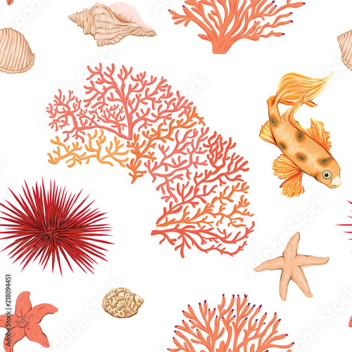 Sea world seamless pattern, background with fish, corals and shells on white background. Stock vector illustration.