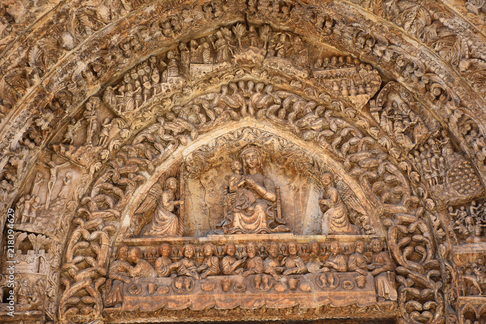 Italy, Puglia region, Altamura,  Cathedral of Santa Maria Assunta, gate and sculptures of the main façade.