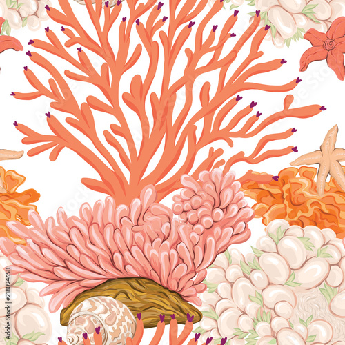 Sea world seamless pattern, background with fish, corals and shells on white background. Stock vector illustration.
