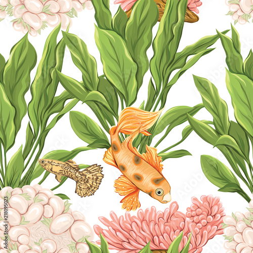 Sea world seamless pattern, background with fish, corals and shells on white background. Stock vector illustration.