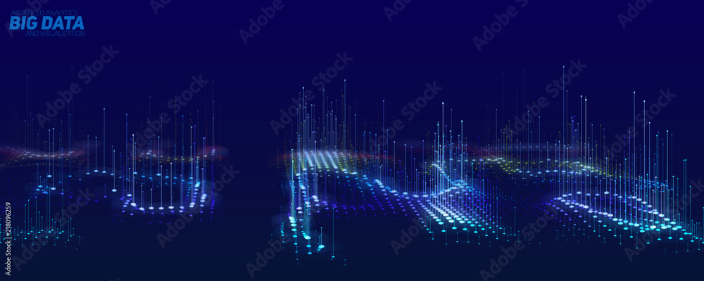 Vector abstract 3D big data visualization. Futuristic infographics aesthetic design. Visual information complexity. Intricate data threads plot. Social network or business analytics representation.