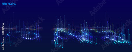 Vector abstract 3D big data visualization. Futuristic infographics aesthetic design. Visual information complexity. Intricate data threads plot. Social network or business analytics representation.
