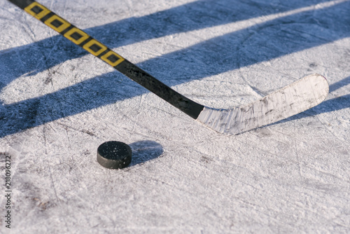 Photography close-up of sticks and pucks in the stadium