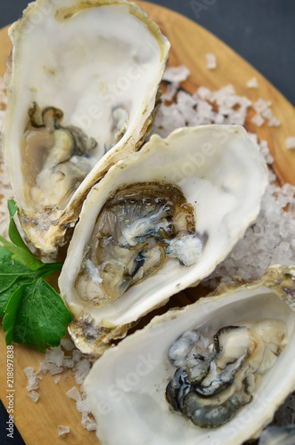 Fresh oysters platter with sauce and lemon

