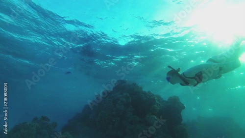 Wallpaper Mural Cute snorkeling girl swimming at a coral reef - backlit Torontodigital.ca