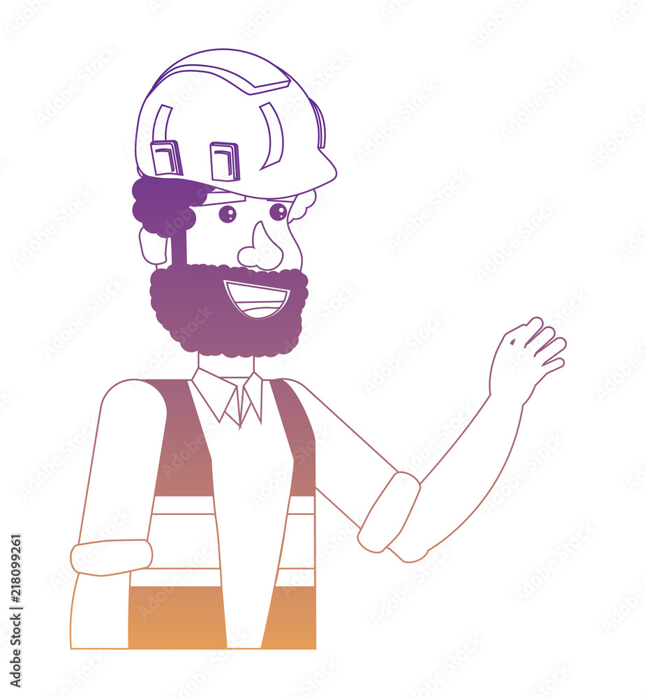 construction worker with safety vest and helmet over white background, vector illustration