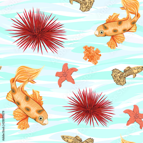 Sea world seamless pattern, background with fish, corals and shells on blue sea background. Stock vector illustration.